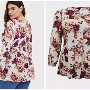 Torrid - Fit And Flare Crinkle Gauze Top - Floral Long Sleeve Blouse